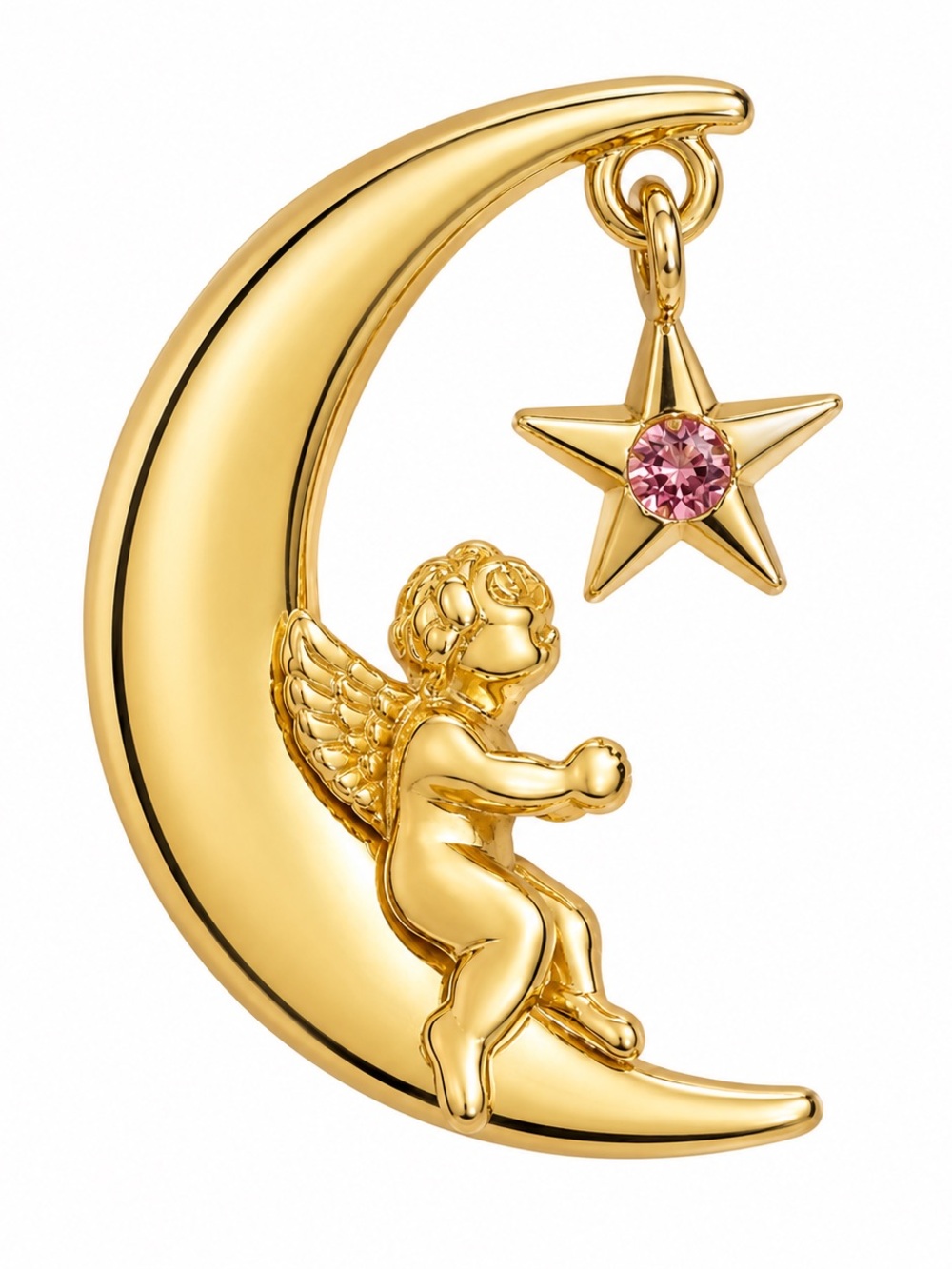 Anthropologie Gold-Tone Angel on Crescent Moon Brooch with Pink Star